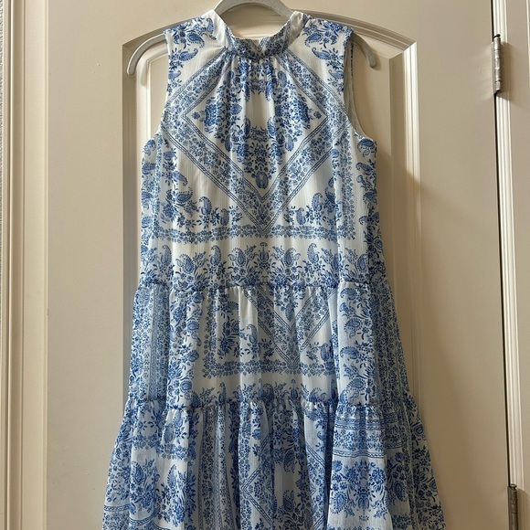 Calvin Klein blue and white drop waist tiered dress. Delft blue. Halter with tie - Picture 4 of 14